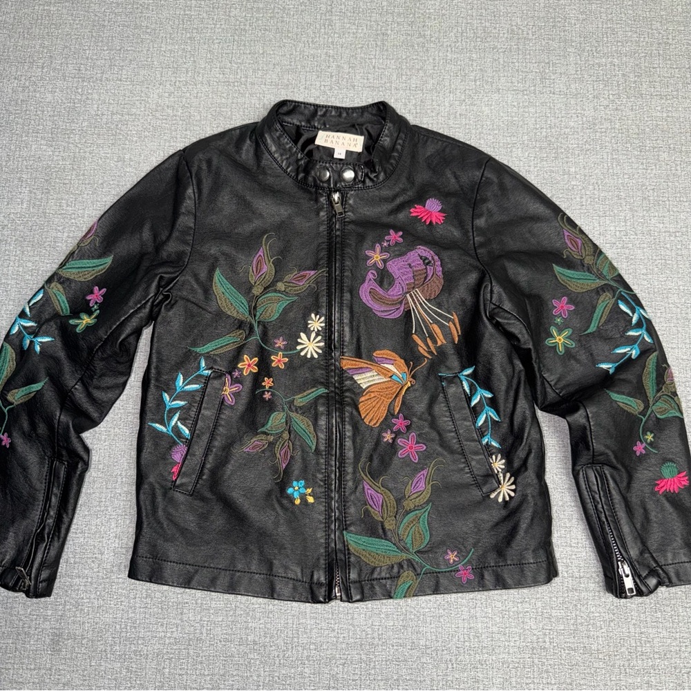 Hannah Banana Faux‎ Leather Embroidered Moto Jacket